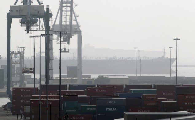 A cargo ship is anchored outside the Port of Long Beach