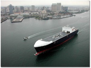 TOTE's first Orca-class vessel, the M.V. Midnight Sun, sails out of San Diego Harbor to conduct a series of successful sea trials in March 2003.