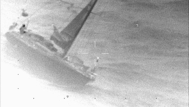 he sailing vessel Wolfhound is seen here approximately 80 miles north of Bermuda in the FLIR camera of a Coast Guard HC-130 Hercules from Air Station Elizabeth City, N.C., Feb. 9, 2013. US Coast Guard Photo