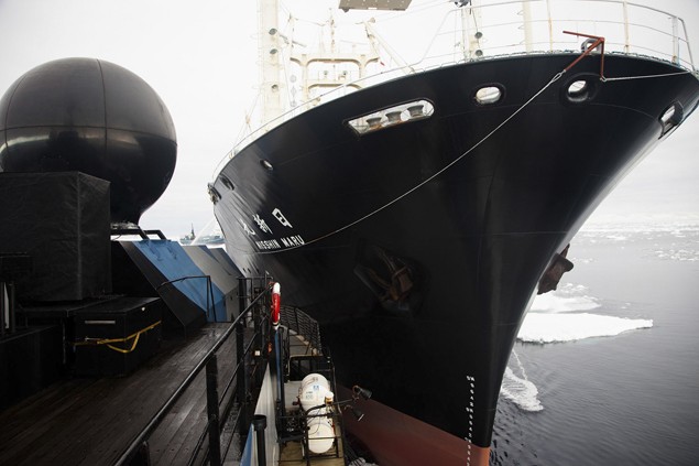 Japanese research vessel Nisshin Maru (R) collides with the Sea Shepherd ship Steve Irwin in Mackenzie Bay, Antarctica in this handout picture taken on February 20, 2013. Image credit: REUTERS/Tim Watters/Sea Shepherd Australia/Handout