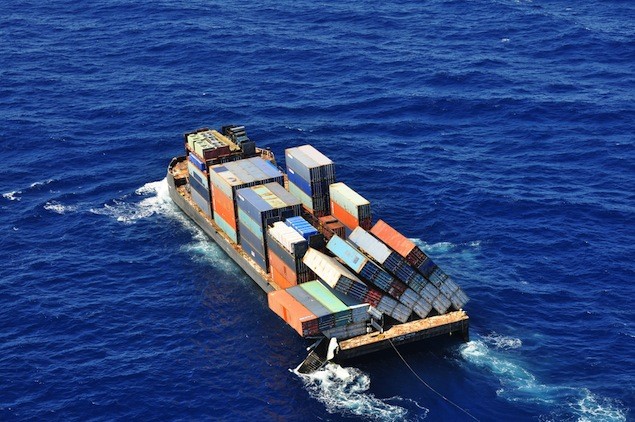 The barge Atlantic Trader seen with its cargo toppled "like a bunch of dominoes." U.S. Coast Guard Photo