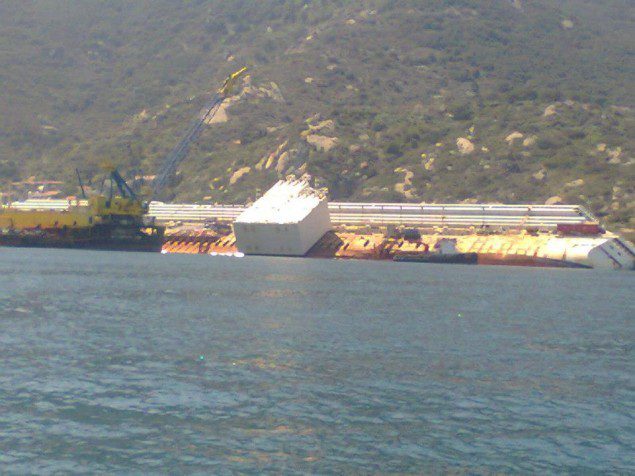 The first two sponsons were installed to the port side of the Costa Concordia shipwreck in April. Image credit: Isola de Giglio Facebook
