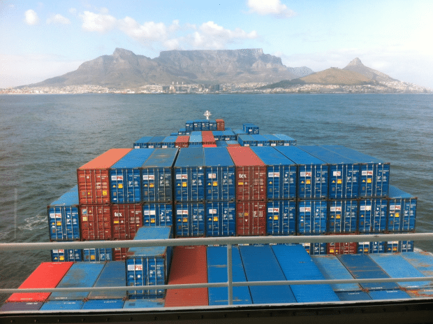 This picture, released by NSRI, was taken from the bridge of the CMA CGM Lilac which caught fire over the weekend near Cape Town. Image credit: Gavin Kode